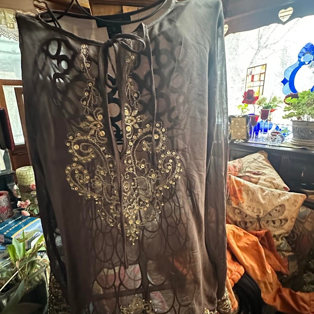 Sheer embroidered brown blouse - S